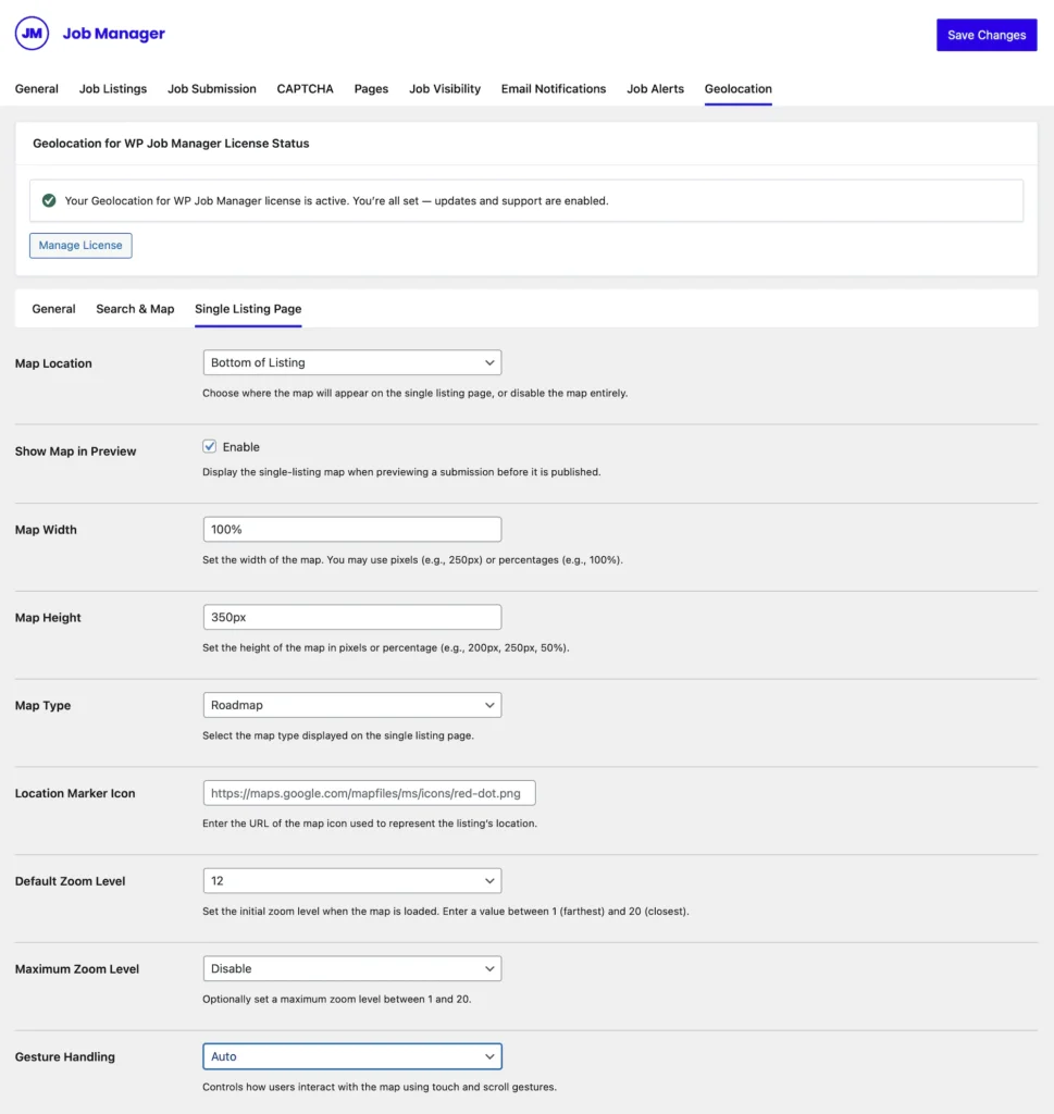 Single Page Settings